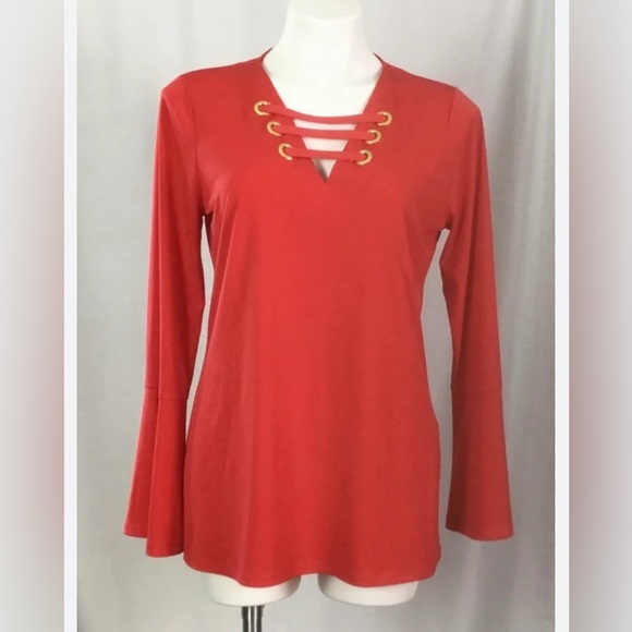 Micheal Kors,blouse,Tulip sleeve ,cut out,metal logo blouse in coral color.EC - Picture 1 of 15